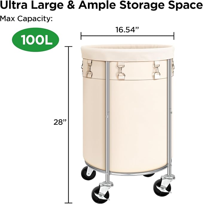 Laundry Hamper with Wheels, 100L Round Rolling Laundry Basket Sorter with - Image 7