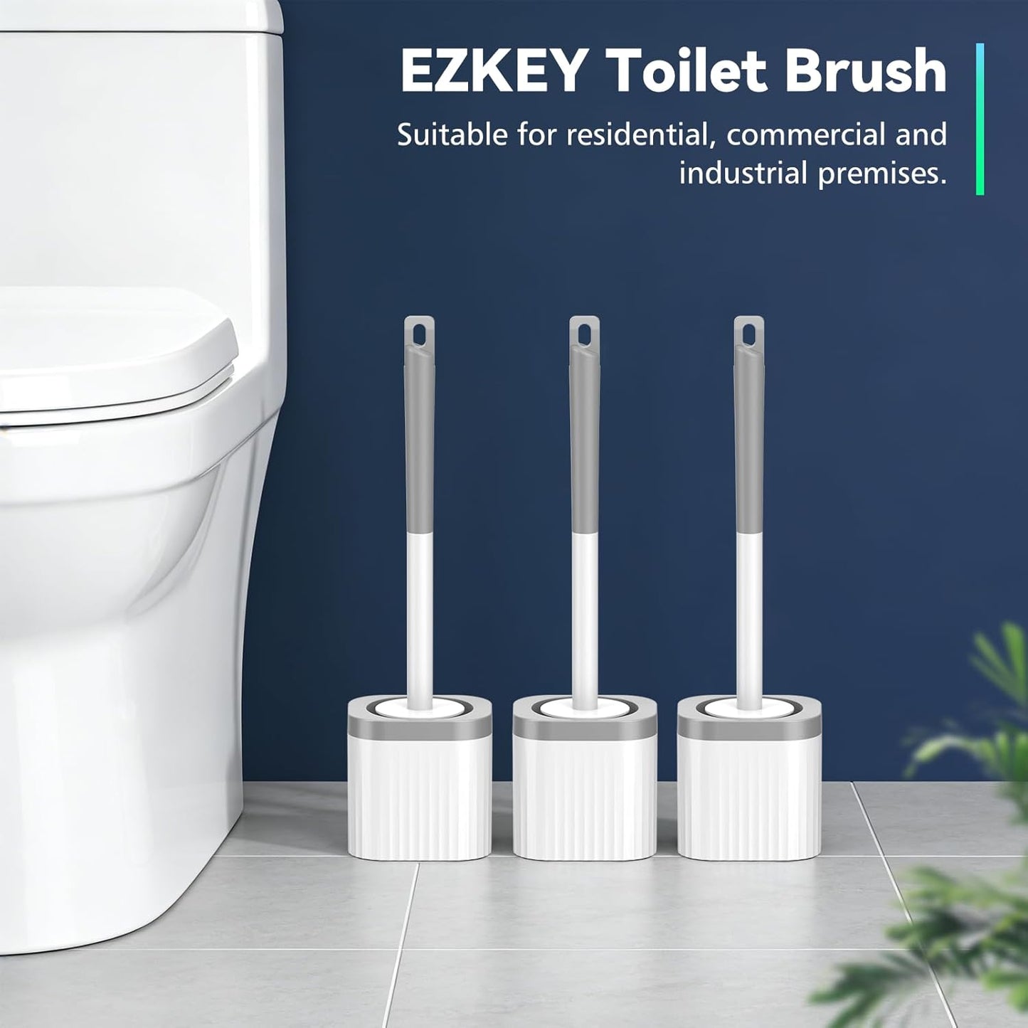Toilet Brush, 3 Pack Compact Toilet Bowl Brush and Holder Set with Nylon Bristles Toilet Cleaner Brush Hidden Toilet Scrubber Brush for Bathroom Cleaning, Grey & White