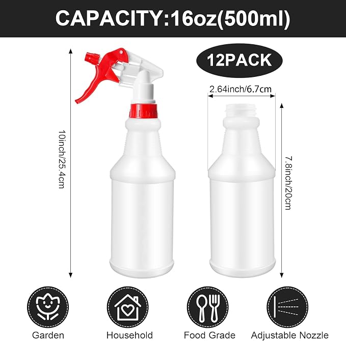 Eccliy 12 Pcs 16 Oz Plastic Spray Bottle, Adjustable Empty Reusable Sprayer - Image 2