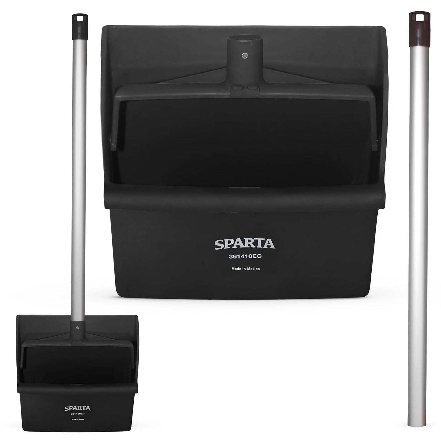 SPARTA Color Coded Upright Dustpan with 30 Inch Aluminum Handle, Serrated Edge and Locking Yoke, Standing Commercial Floor Dust Pan, Black