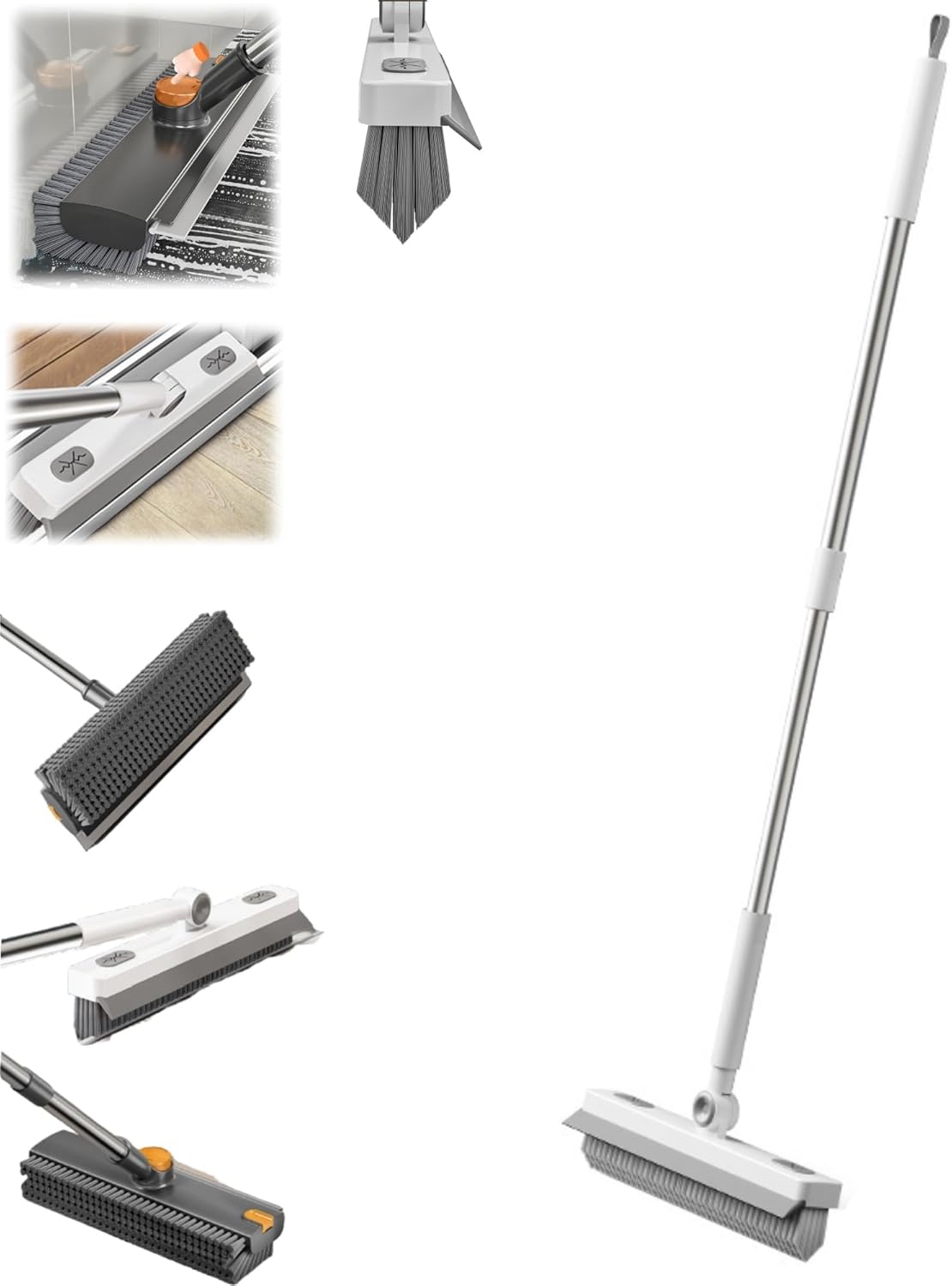Floor Scrub Brush with Long Handle, 3 in 1 Scrape and Heavy-Duty Stiff Bristle Scrubber Brush, 2-in-1 Floor Brush with Built-in Squeegee, 3 in 1 Floor Scrub Brush (White-1PC)