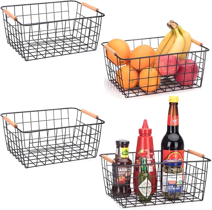 LeleCAT Wire Baskets with Wooden Handles, Wire Storage Organizer Baskets by LeleCAT