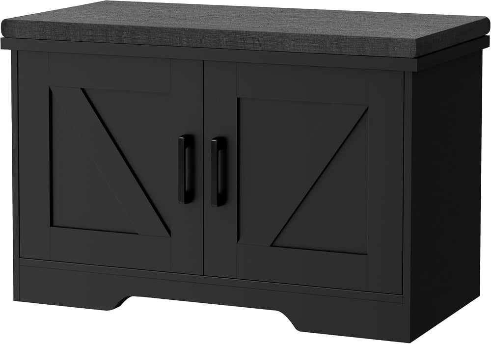 HOMSHO Farmhouse Shoe Storage Bench with 2 Barn Doors & Padded Seat Cushion