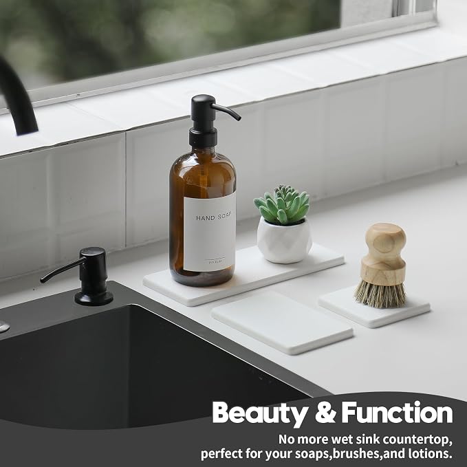 3PCS Bathroom Sink Vanity Trays, Quick Stone Drying Mat Dish Soap Dispenser - Image 4