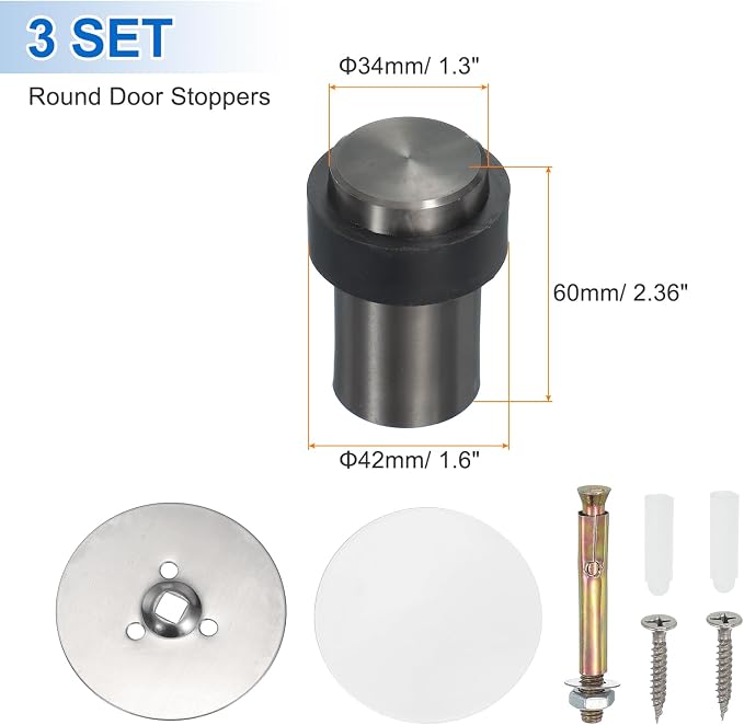 PATIKIL 3Set Round Door Stoppers, 60mm Stainless Steel Door Stop Doorstop Wedge - Image 2