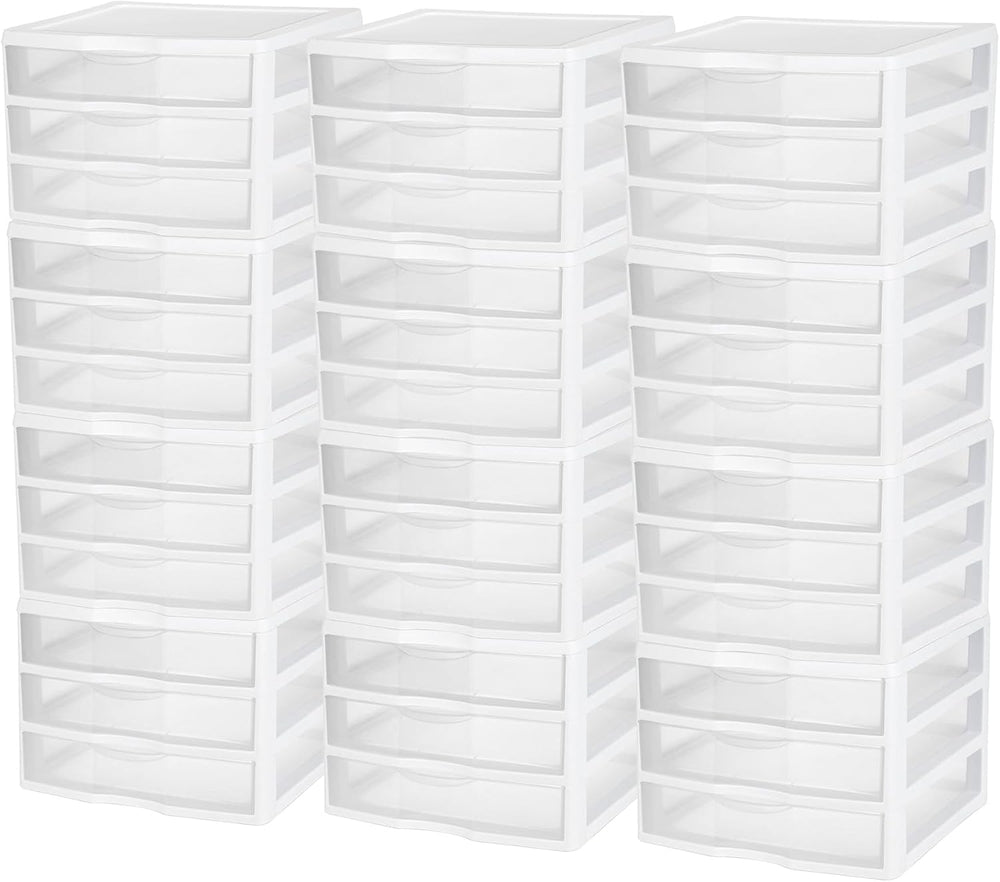 Sterilite 12-Pack Wide 3 Drawer Unit, Plastic Desktop Organizer with Clear Dr...