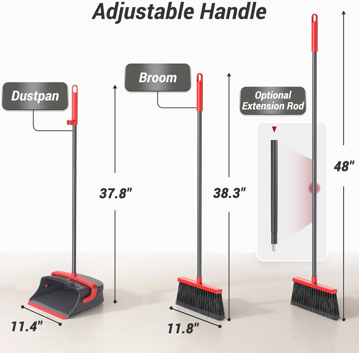 Broom with Dustpan Combo Set, Long Handle Upright Standing Self-Cleaning Broom and Dustpan Set for Pet Hair & Dust Cleanup, Indoor Outdoor Use for Home, Kitchen, Office, Red & Gray
