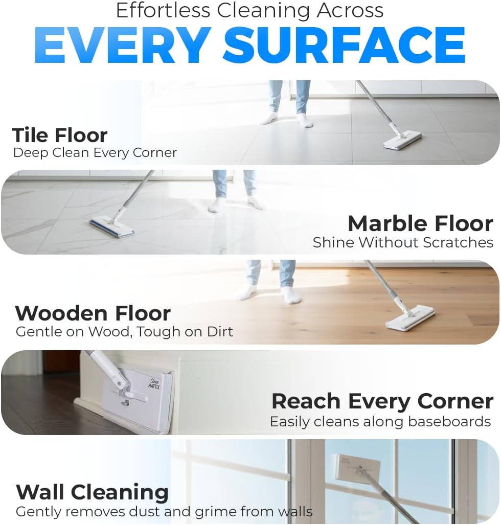 FlexiClamp Sweep & Mop Kit - Compatible with Swiffer Pads, Durable Cleaning Tool for Hardwood, Tile, Marble & Laminate Floors, Home, Kitchen Cleaning Essentials. (Include 10 Dry Cloths)