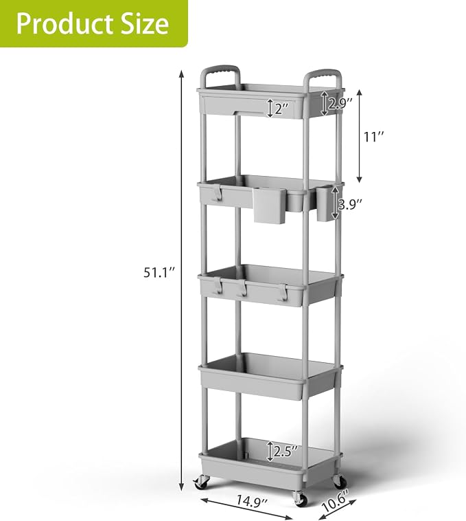 5 Tier Rolling Cart Organizer, Bathroom Cart Organizers - Image 3
