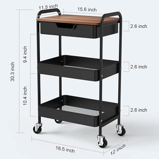3 Tier Rolling Cart with Drawer, Metal Utility Cart on Wheels Storage Cart with - Image 3