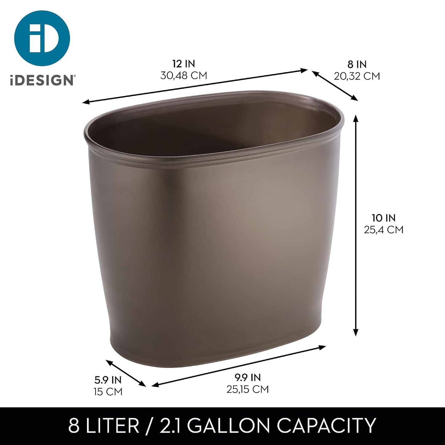 iDesign Slim Plastic Bathroom Trash Can, Small Garbage Bin for Bedroom, Office, Desk, Dorm, Bronze (Pack of 2)