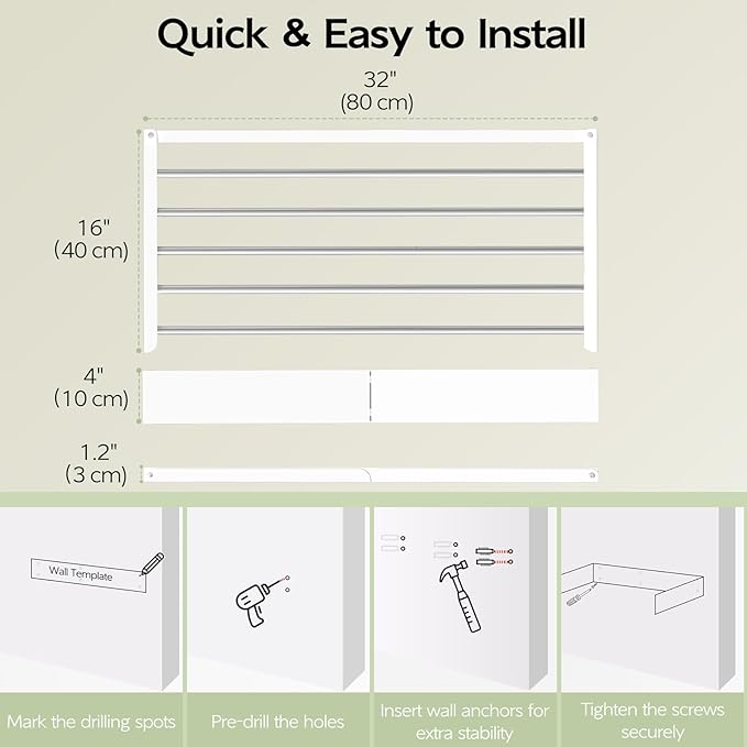 Wall Mounted Clothes Drying Rack 32", Foldable Wall Mount Laundry Rack Folding - Image 6