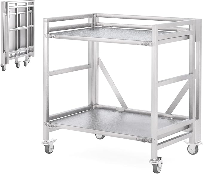 2 Shelf Rolling Cart with Wheels, 660lbs Capacity Collapsible Steel Rolling by ChincoStar