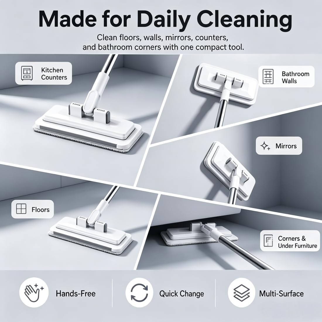 Hands Free Flat Mop, 2026 Upgraded Hands Free Multi Purpose Flat Mop, Multifunctional Lazy Mops with One-Click Cloth Attachment with 10 Reusable Cloths, Ideal for Washbasin and Kitchen (43in)
