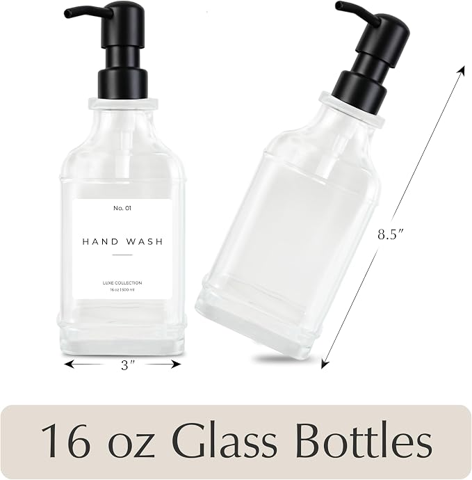 Emerson Essentials Glass Soap Dispenser Set – 16 oz 2-Pack – Refillable Dish & - Image 3