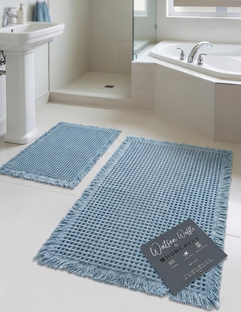 Watson Waffle Bath Rug Set 2 Piece 17x24 and 20x32 Inch, 1000 GSM Cotton Bathroom Rugs, Soft Absorbent Bath Mats, Non Slip SEBS Backing, Quick Dry Machine Washable, Blue
