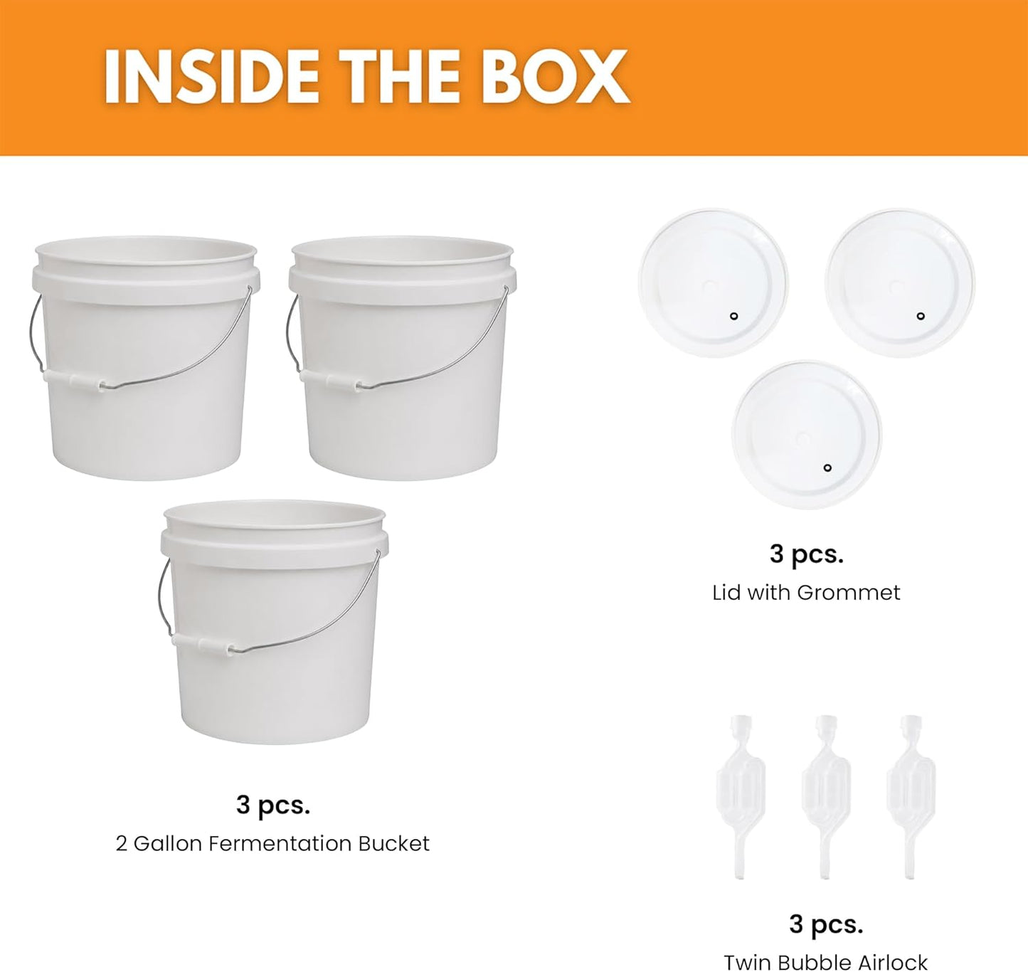 FastRack 2 Gallon Fermentation Bucket with Lid, Grommet & twin bubble airlock (3 Pack)|HDPE Brew Bucket with Handle & Grommeted Lid |BPA-Free Fermenter Ideal for Beer, Wine, Mead, Cider & Food Storage