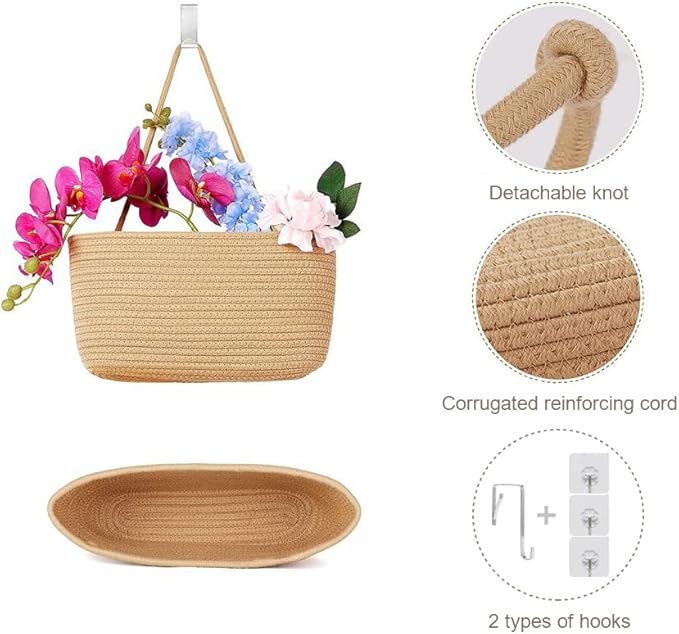 TeoKJ Over the Door Hanging Basket, 3-Tier Woven Cotton Wall-Mounted Storage - Image 4