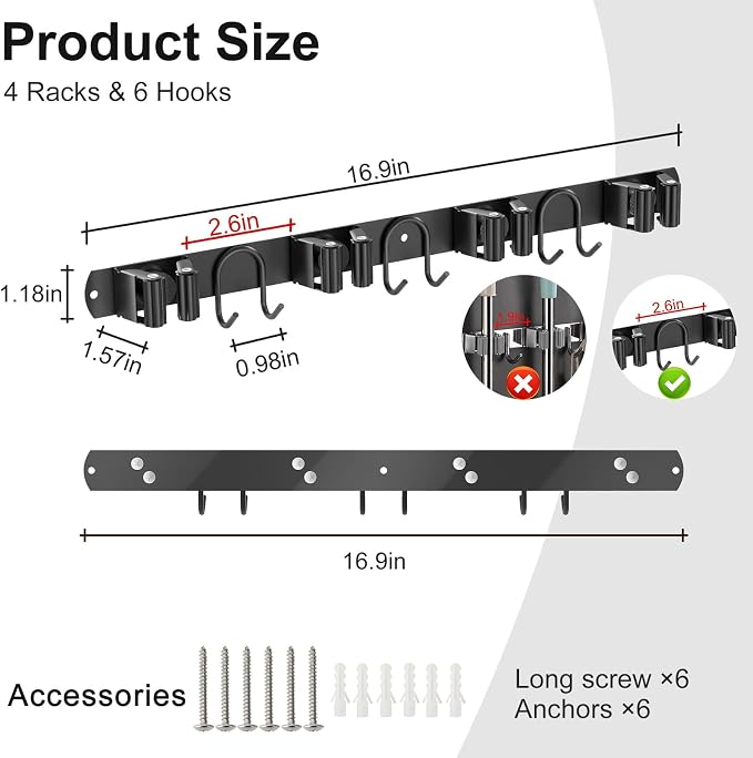 Broom Holder Wall Mount, 2 Packs Black Stainless Steel Tool Storage Organizer - Image 2
