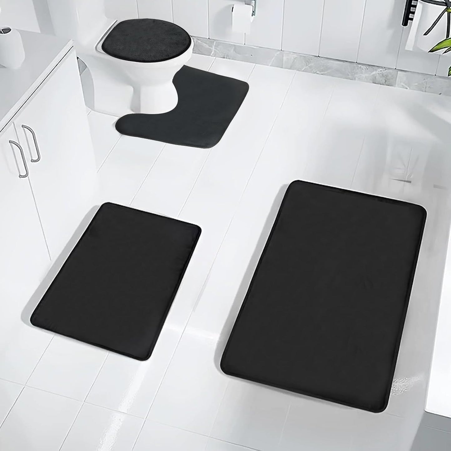 Memory Foam Black Bathroom Rug Set 4-Piece, Soft & Supportive Bath Mat Set, Super Absorbent & Quick Dry, Non-Slip Backing, Machine Washable Rugs for Bathroom, Tub & Shower (Black)