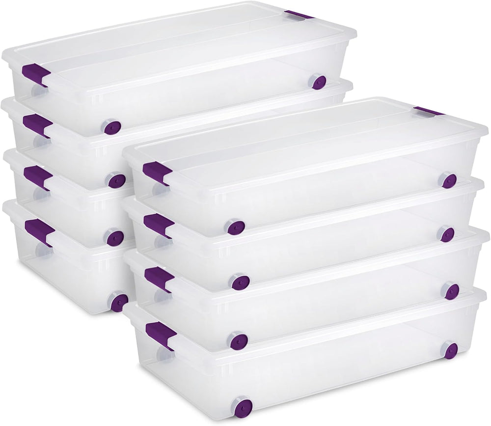 Sterilite 8-Pack 60 Quart ClearView Latch Box, Wheeled Underbed Organizer Bins