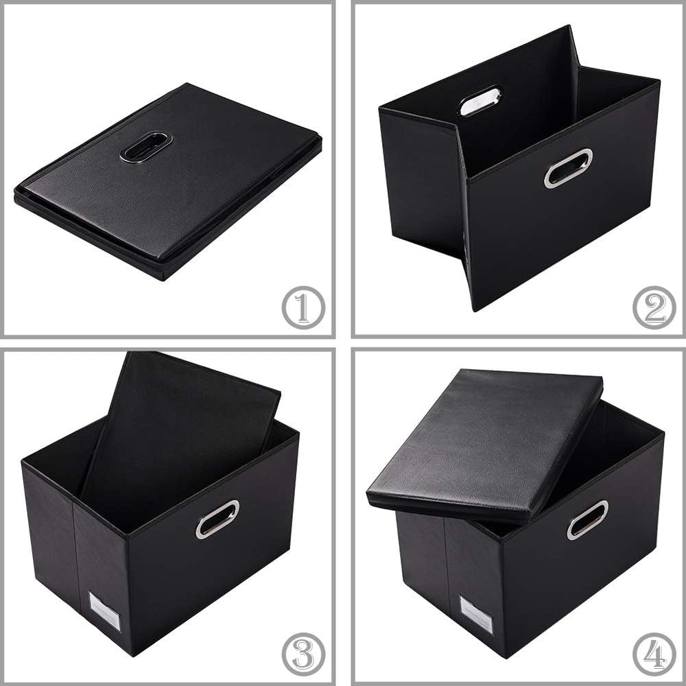 PRANDOM Large Foldable Storage Bins with Lids [3-Pack] Leather Fabric Collaps...