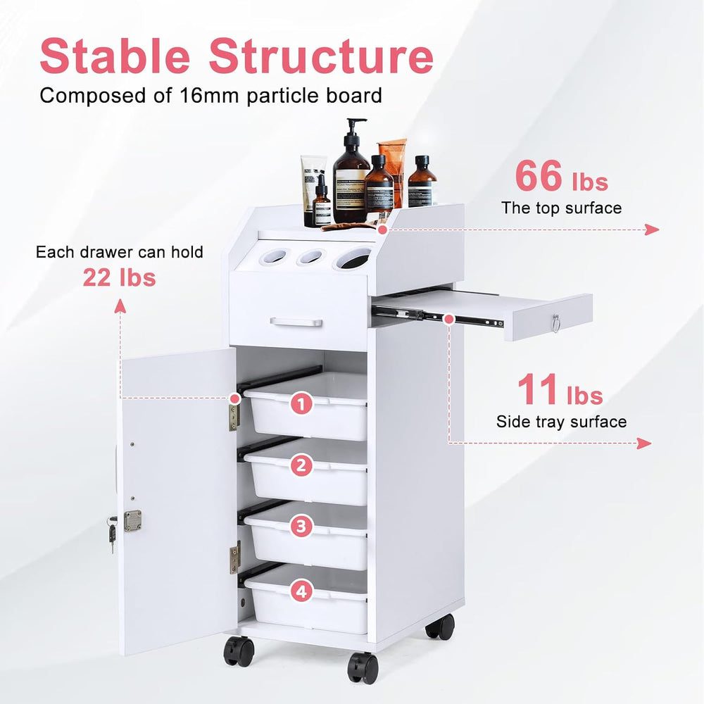 Winado Salon Trolley Cart with 4 Trays, 3 Hair Dryer Holders, White
