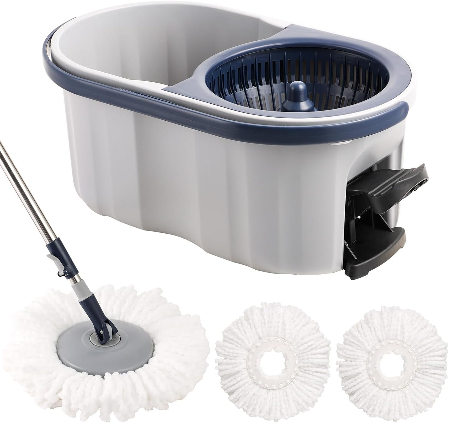 Spin Mop and Bucket Set 180° Swivel Mop Head Adjustable Telescopic Handle Dual Chamber Bucket 3 Refills Dual-Action Wringing Hand-Press Foot-Peda Hands-Free Self-Cleaning System for All Floor Types