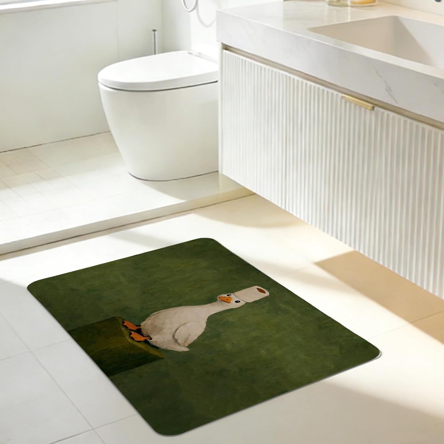 Green Funny White Duck Kitchen Mat,Playful Duck with Toilet Paper Roll Bathroom Mat,Cute Animal Decorative Mats Rug for Bathroom Dressing Table Shower Tub Kitchen Entry Door,24x16Inch