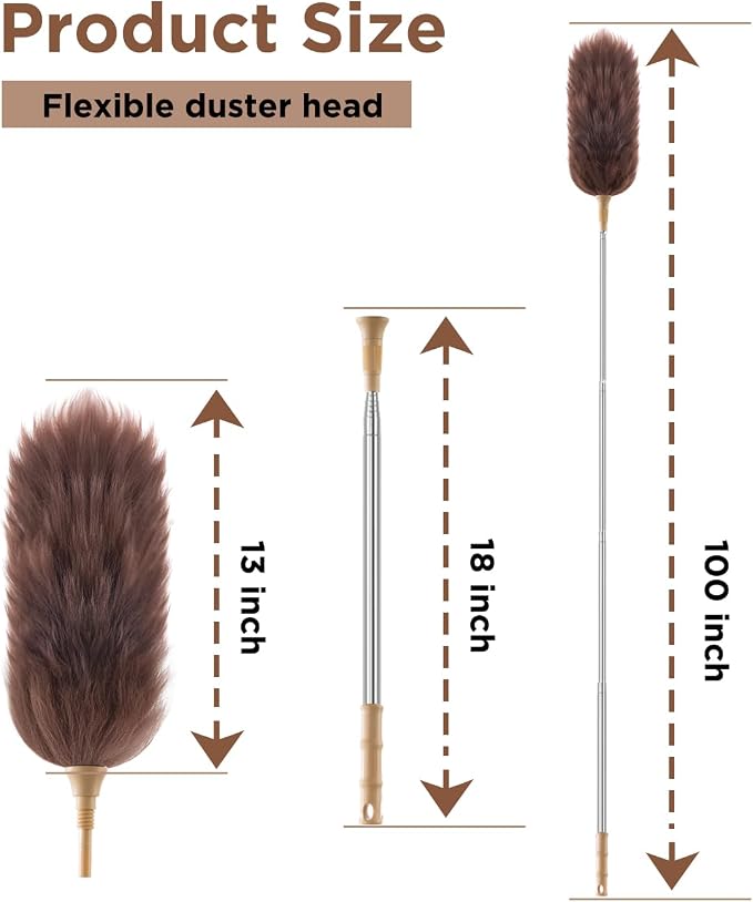 Extendable Lambswool Duster 30-100 Inch, Stainless Steel Long Handle Duster - Image 2