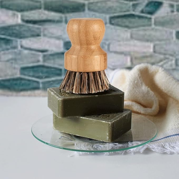 Bamboo Brush Dish Scrubber Clean Pan and Vegetable, Natural Bristles Palm Pot - Image 4