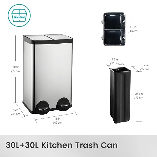 60 Liter 16 Gallon Dual Trash Can, Recycle Bins - Image 9
