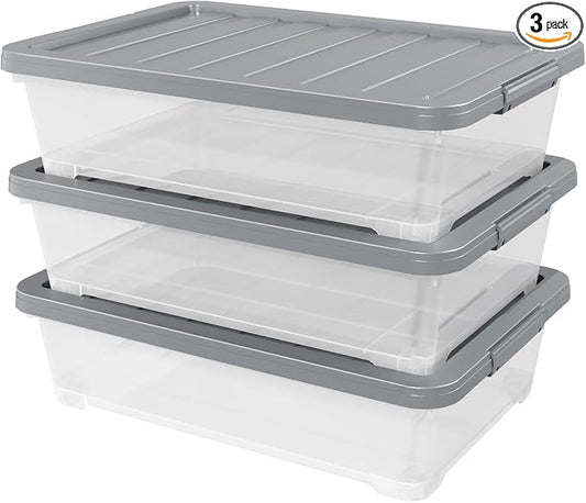 Readsky 3 Packs Large Clear Wheeled Latching Box, 40 L Plastic Underbed Storage by Readsky