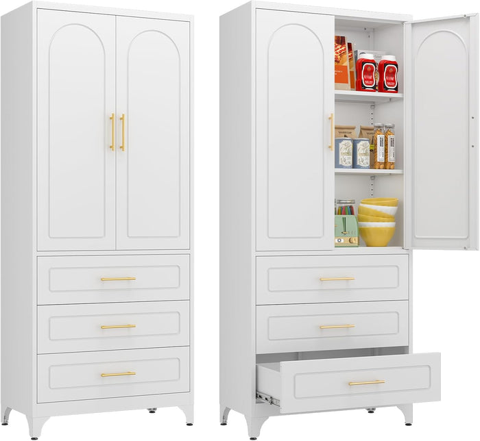 Polup 75" Tall White Metal Pantry Storage Cabinet with 3 Drawers