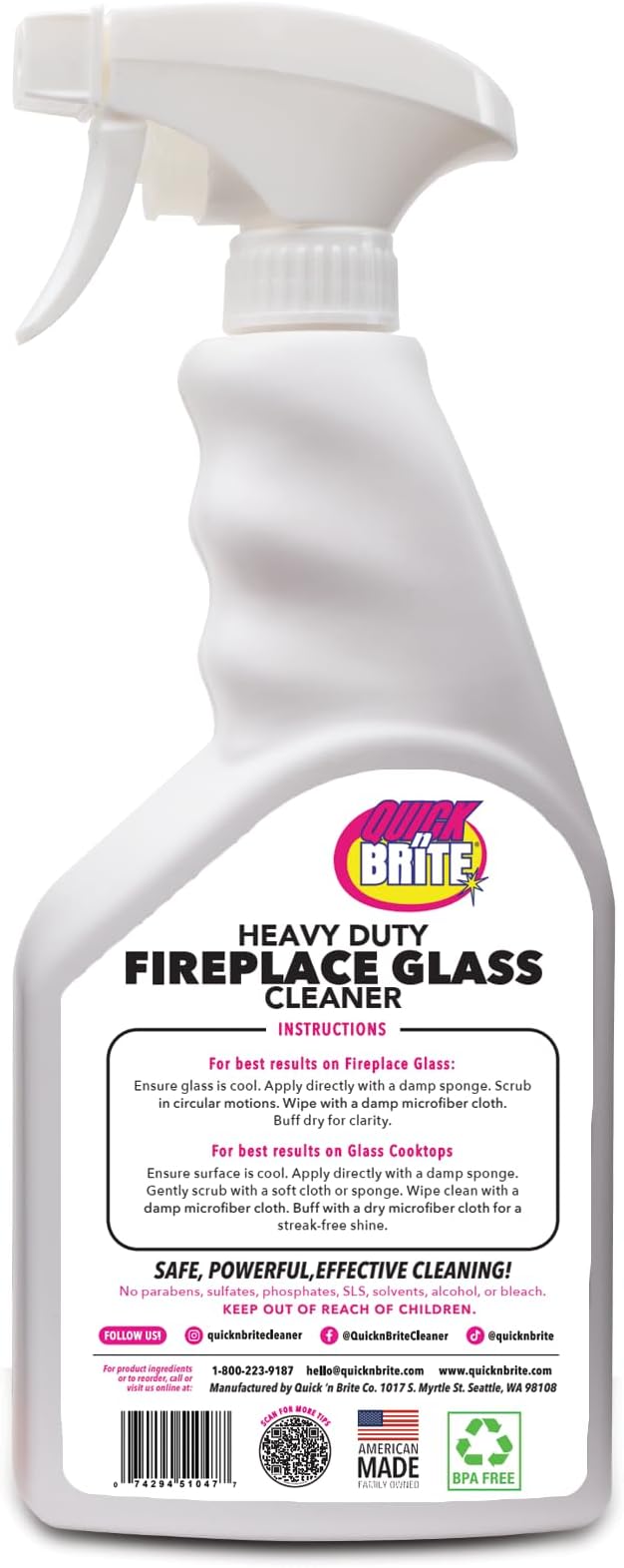 Quick N Brite Fireplace Glass Cleaner 24oz, Nonabrasive Cleaning Spray - Image 2