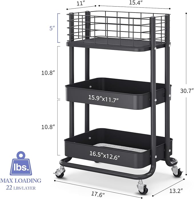 KINGRACK 3 Tier Rolling Cart, Metal Mobile Storage Shelf - Image 2