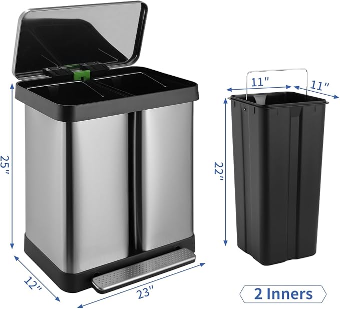 16 Gallon Dual Compartment Trash Can, Hands-Free Recycling Rectangular Garbage - Image 2
