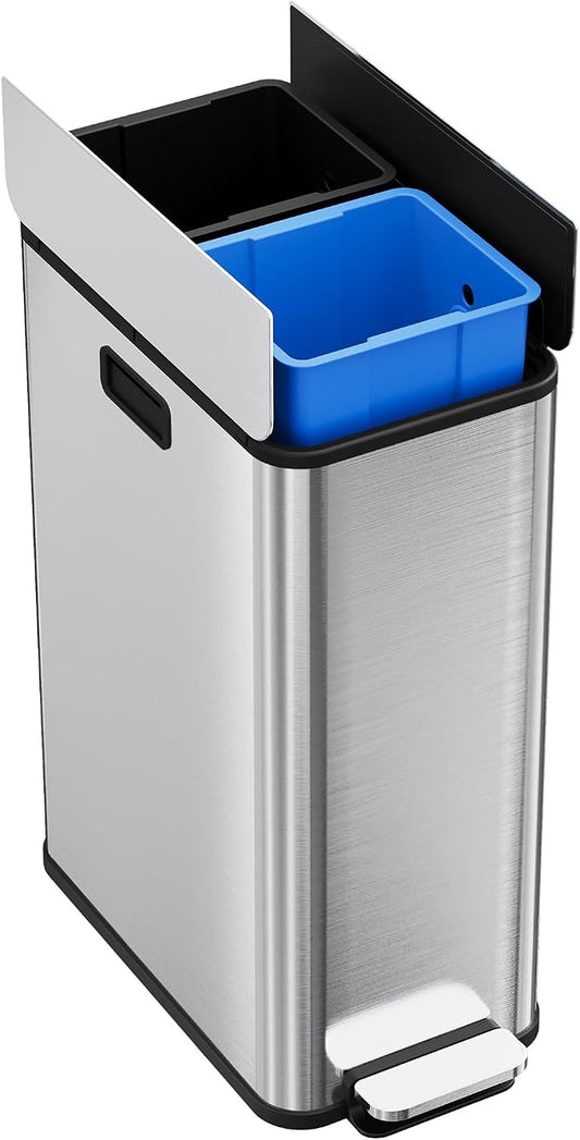 2 x 7.4 Gal Slim Trash Can, Stainless Steel Dual Compartment Step-On Recycling by Unknown