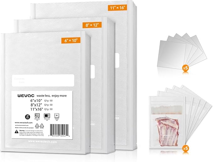 Wevac Vacuum Sealer Bags, 150 Gallon 11" x 16", and Quart 8" x 12" and Pint 6" by Wevac