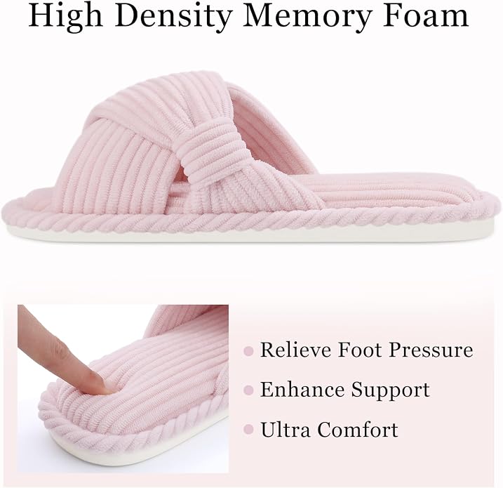 Evshine Summer House Slippers for Women Corduroy Cross Bow Indoor Slippers Open - Image 4