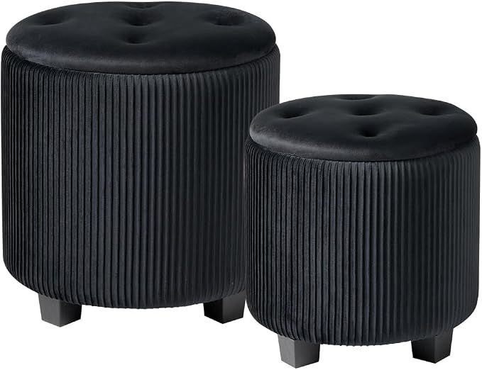 Big Round Ottoman with Storage Set of 2, Upholstered Velvet Vanity Stool by HomePage