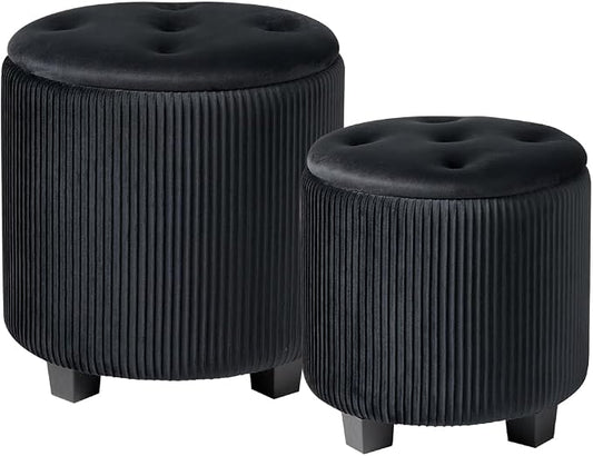 Big Round Ottoman with Storage Set of 2, Upholstered Velvet Vanity Stool by HomePage