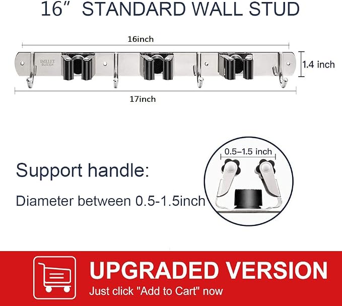 IMILLET 2 Pack Broom and Mop Holder Wall Mounted, Stainless Steel Broom Holder - Image 3