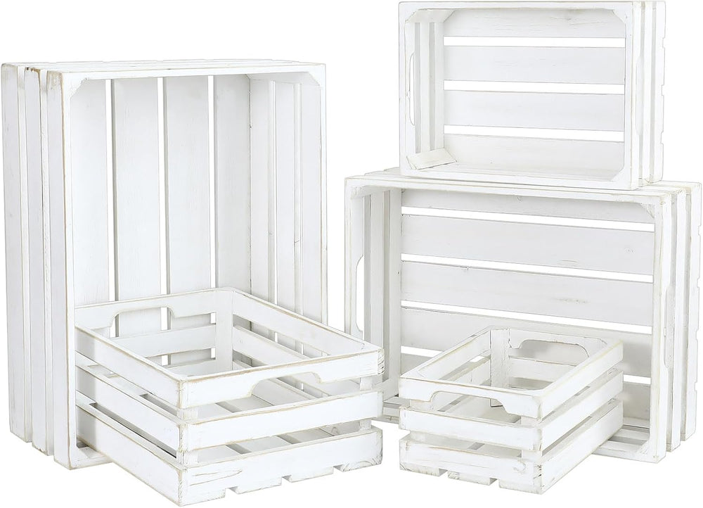 5-Piece Rustic White Wooden Crates Set, Wall Mountable Slatted Storage Crates...