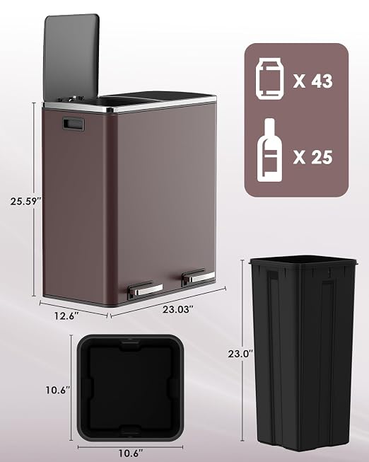 AthLike 60L Dual Trash Can, Stainless Steel Kitchen Garbage Can, Double - Image 2