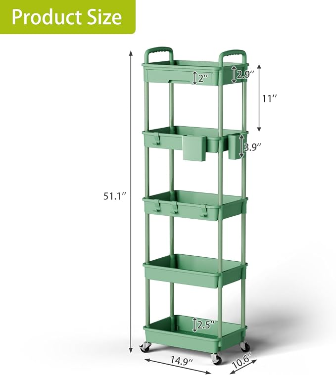 5 Tier Rolling Cart Organizer, Bathroom Cart Organizers - Image 3