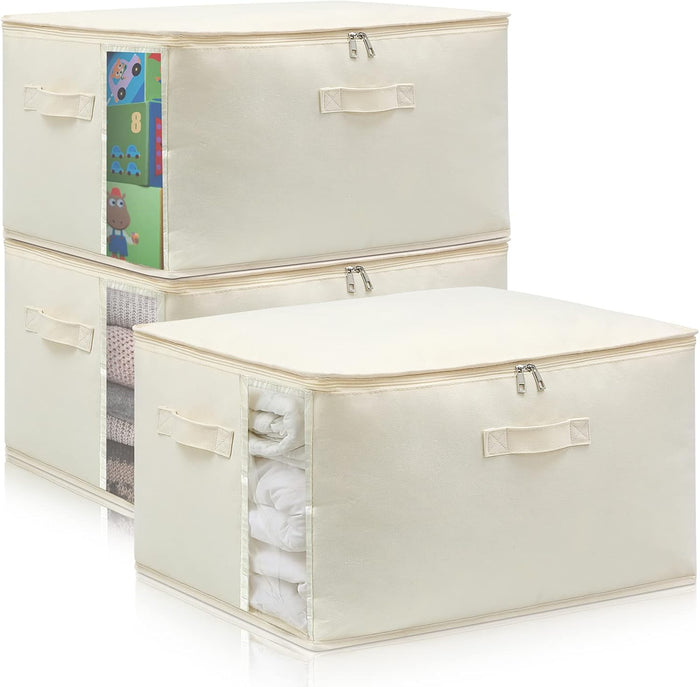 3 Pack Canvas Comforter & Blanket Storage Bags with Clear Window, Beige