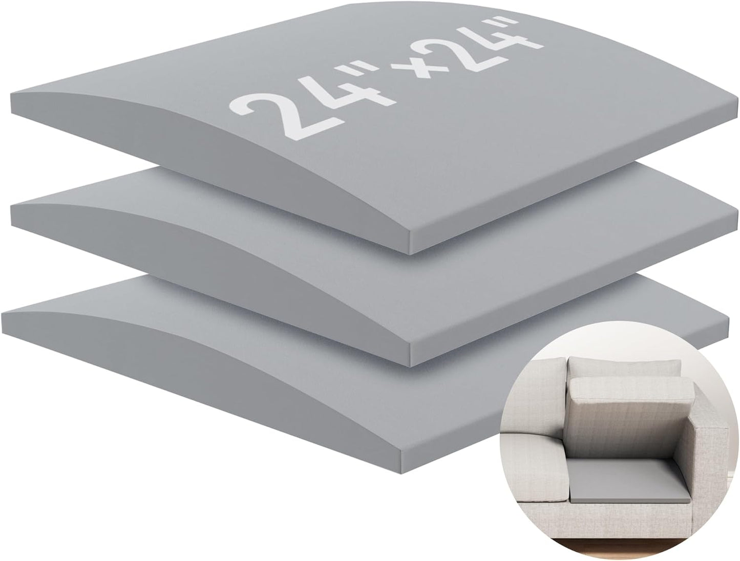 Upgraded Size Sofa Cushion Support, Couch Cushion Support for Sagging Couch Seat, Couch Replacement Insert, 24"x24"x2.4", High Density Foam Furniture Seat Sagging Repair, Trapezoid 40D, Grey Set of 3