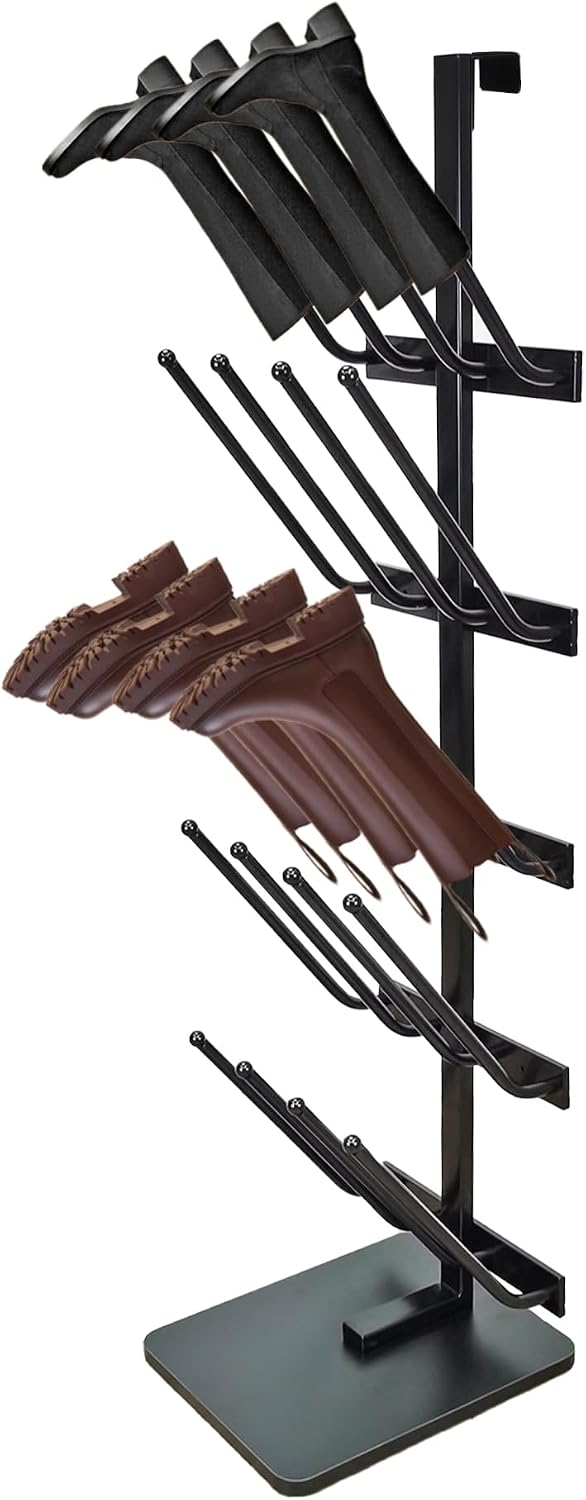 12.8X16X55.7" 10 Pairs Boots Shoes Rack 5 Tiers Boots Organizer Black, Floor Standing, or Use as 5 Wallmount Holders, or Hang Over the Door, Easy Assembly Video in Description 10159-NF