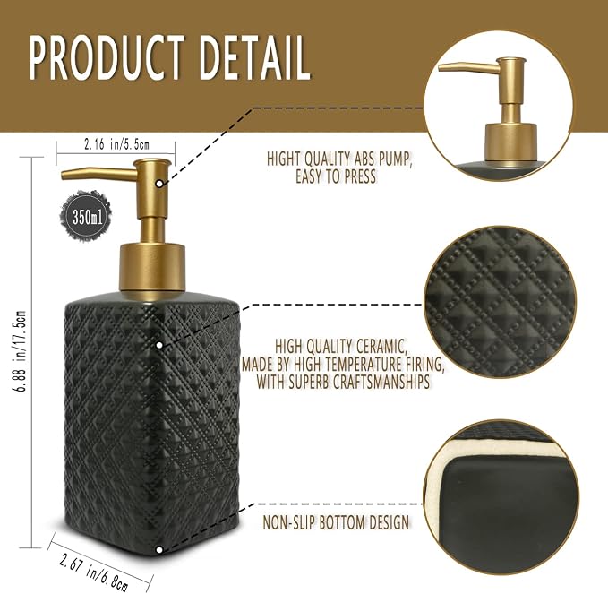 Gold Soap Dispenser for Bathroom, Refillable Countertop Ceramic Hand Soap - Image 6